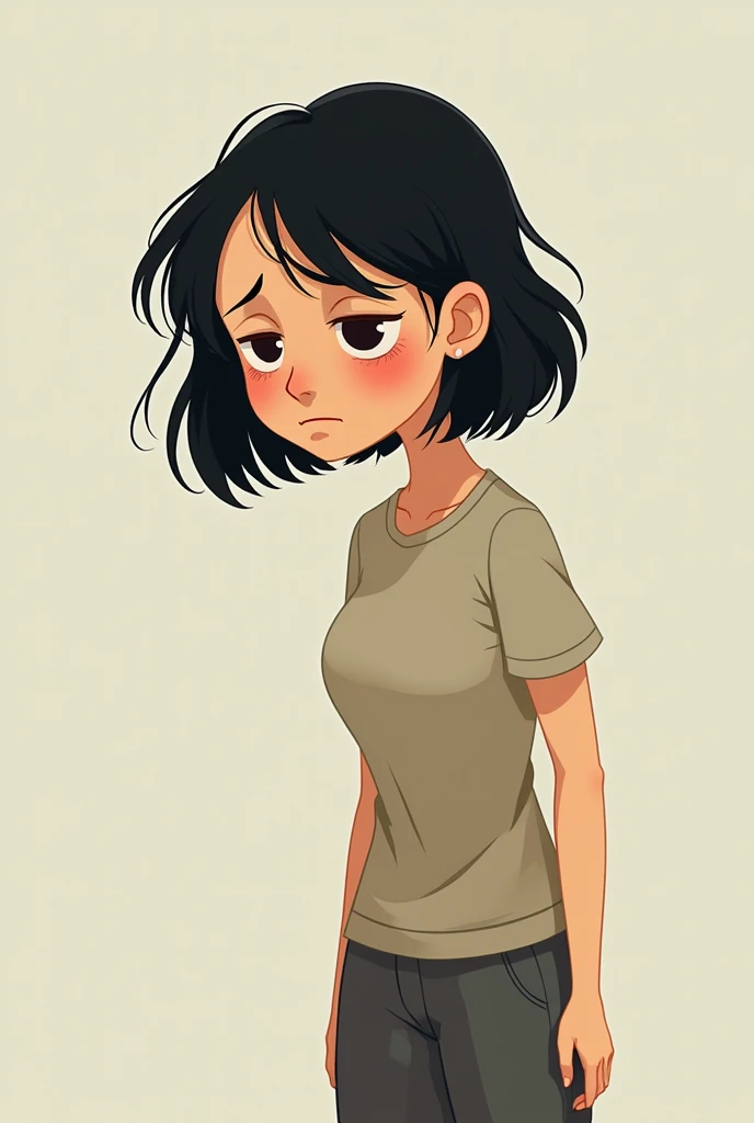 2 woman who is like a cute cartoon but at the same time looks very tired with dark circles and tiredness from work, who has black hair and is thin without many curves, shows the full body of a woman, not a girl.