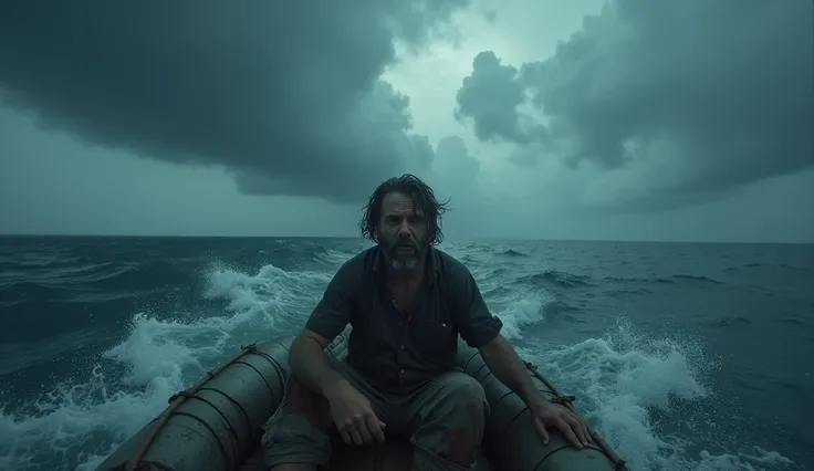 Central Focus: A lone, weathered man (Joshua Stevens) inside a small, makeshift raft or life raft, looking exhausted but determined. His face should express a mix of fear and resilience.

Background: The vast and ominous expanse of the dark ocean under a s...