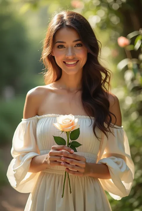 looking at viewer,smile,
Charlotte,1woman,
off-shoulder white long dress,
nature,sunlight,
upper body, rose in hands