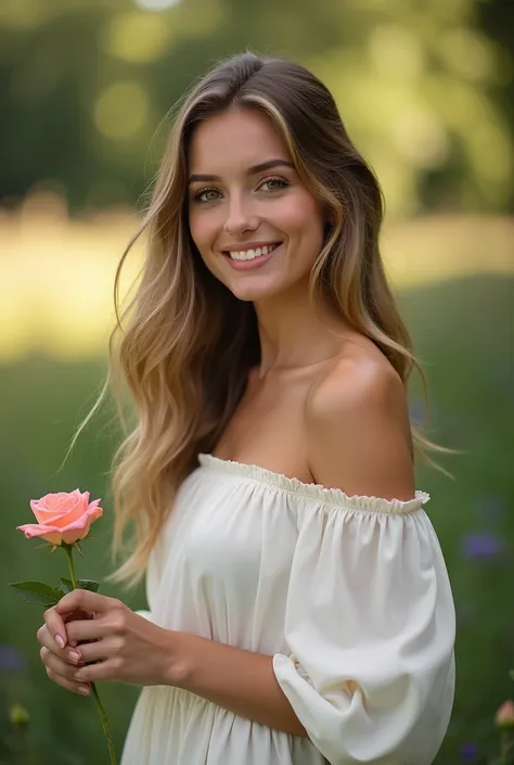 looking at viewer,smile,
Charlotte,1woman,
off-shoulder white long dress,
nature,sunlight,
upper body, rose in hands