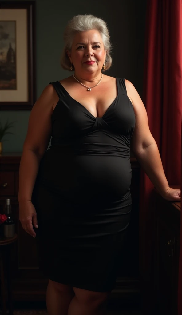 Older fatty women in hot dress in room full body in black dress 