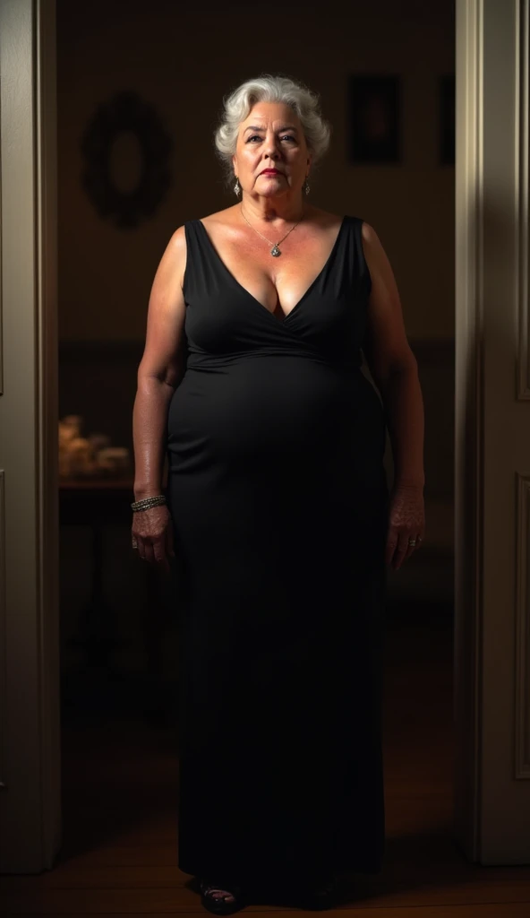 Older fatty women in hot dress in room full body in black dress 