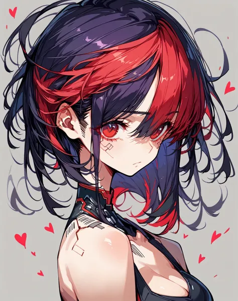 A woman with red and black hair and a heart-shaped cut, 美しいFuturistic hairstyles, Black and red hair,  Red highlights, Unique hair design, Dramatic hair colour, Gothic Hearts, Fractal hair, Futuristic hairstyles, Black and red hair hair, Red highlights, Cy...