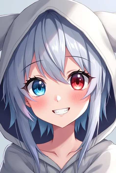 High resolution, Shortcuts, Silver Hair, Odd Eye, Simple Background,  Anime Style, blue eyes, Red eyes, Hood worn, Smiling with teeth showing, 