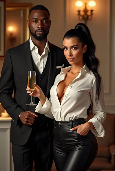 Kim Kardashian with long straight black hair in a ponytail in a white shirt with buttons with sleeves and collar and not cropped, generous cleavage,in very tight black leather pants , in a VIP room, she stands next to a tall African man  , she has a champa...