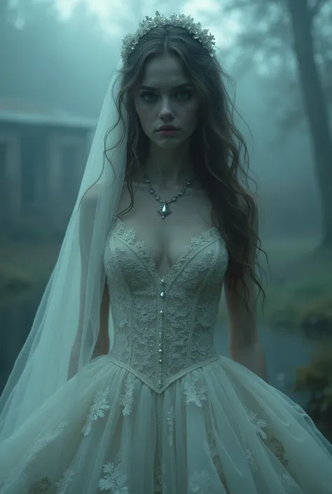 

In an abandoned mansion on the shores of a misty lake, The ghost bride of an ancient tragedy awaits. Her Dress, Lace and white silk design, Delicate flowers々Or adorned with jewels、Glowing in the shadows. Her hair is long and flowing, In contrast to the s...