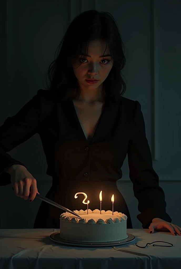 The beautiful young women cut chocolate cake alone ( use knife ) on the cake 20 latter number candle and shes face full  of sadness. and she waring black frock with full sleeve and covered nack dress shes in a dark room