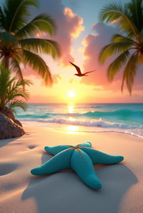 A beach with white sand, a very realistic starfish with turquoise water, a sunset with vibrant colors, a bird flying in front of the sun and many palm trees