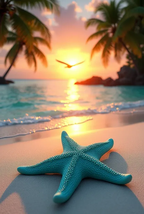 A beach with white sand, a very realistic starfish with turquoise water, a sunset with vibrant colors, a bird flying in front of the sun and many palm trees