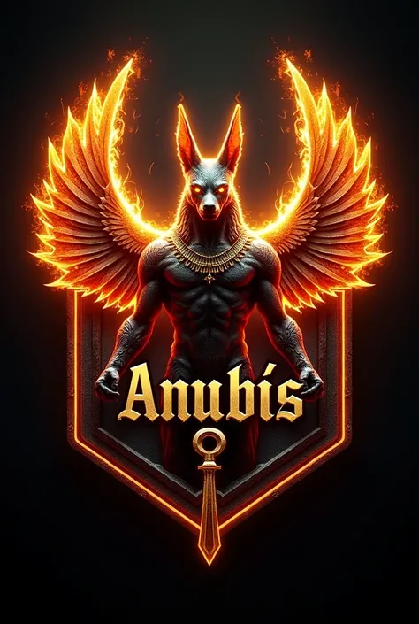 ((best qualityer)), ((work of art)), (detailded), create a gamer logo with the character egyptian god anubis, The logo must have a coat of arms with the character in front of the front bust, e o nome escrito ANUB☥S a letra i te que ser substituidada pela C...