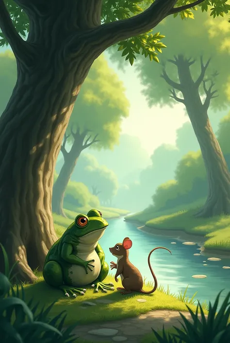 1 frog and 1 rat setting under a tree near a canal greenary