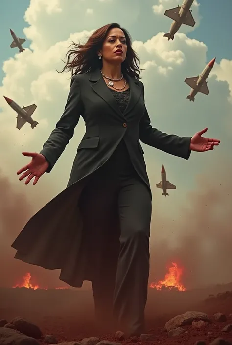 Kamala Harris dropping bombs on a defenseless population from the sky, looking like a Jewish monster and massacred people, with blood on her hands 
