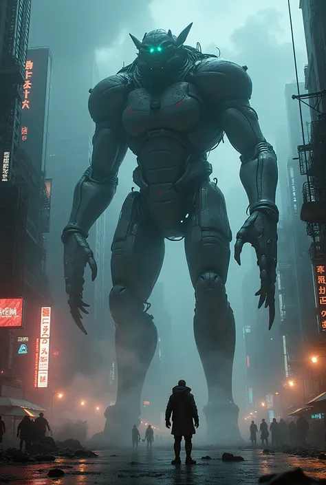 Dark cyberpunk scene with a giant half robot augmented extraterrestrial life form
