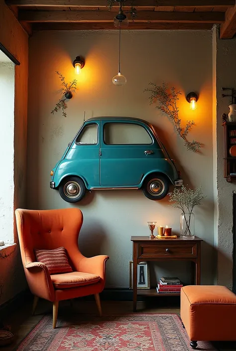 A room with the car door on the wall as decoration 