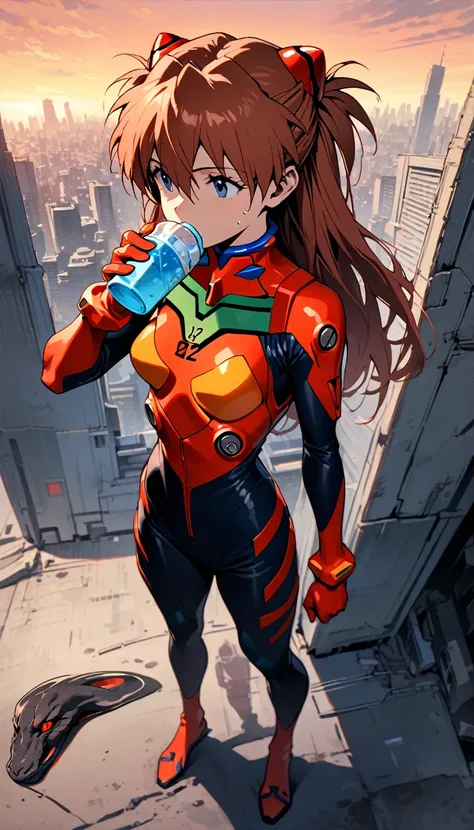 ((full body)),"One girl, Soryu Asuka Langley, Neon Genesis EVANGELION, Mid-chest,Athletic build, Track and field uniforms, Red Hair Clip, Sweaty skin, Drinking water, Snake mouth for outdoor use, Futuristic School Setting, Distant Eva Unit, Tired look, pea...