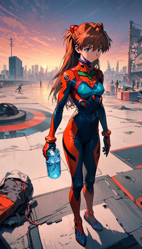 ((full body)),"One girl, Soryu Asuka Langley, Neon Genesis EVANGELION, Mid-chest,Athletic build, Track and field uniforms, Red Hair Clip, Sweaty skin, Drinking water, Snake mouth for outdoor use, Futuristic School Setting, Distant Eva Unit, Tired look, pea...