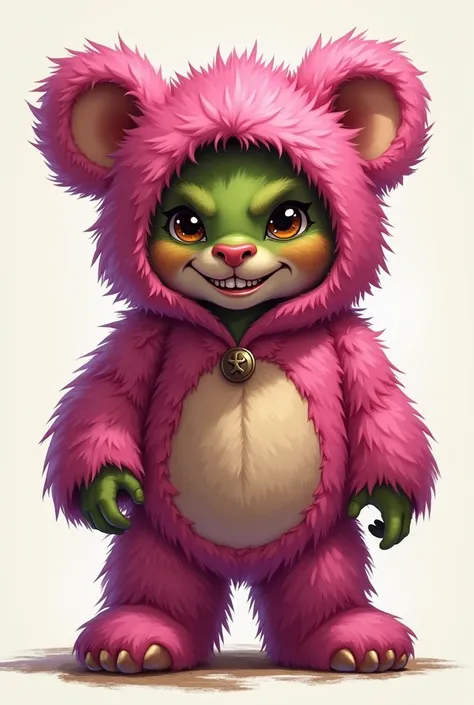 Mike Shannon as a pathfinder goblin wearing a pink fur teddy bear as a costume, D&D fantasy art style, plain background