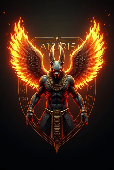 ((best qualityer)), ((work of art)), (detailded), create a gamer logo with the character egyptian god anubis, The logo must have a coat of arms with the character in front of the front bust, e o nome escrito ANUB☥S a letra i te que ser substituidada pela C...