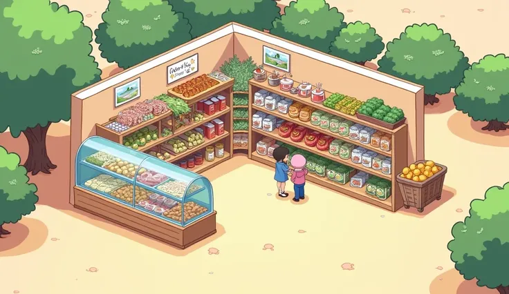 (masterpiece:1.2, Highest quality,Ultra-high resolution,Super detailed),8k,(wallpaper),(Best illustrations:2.0),(chibi Grocery store : 2.0),(Grocery store,Very simple design),(isometric illustration) lofi, cozy, Studio ghibli style ,pastel tones, landscape