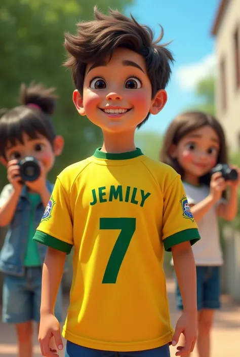 Boy posing in his Brazilian shirt with the number 7 and name Jemily while a girl takes a photo of him