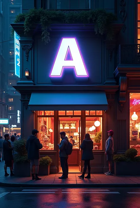 Shop in night with letter A, cube of A i.e A³