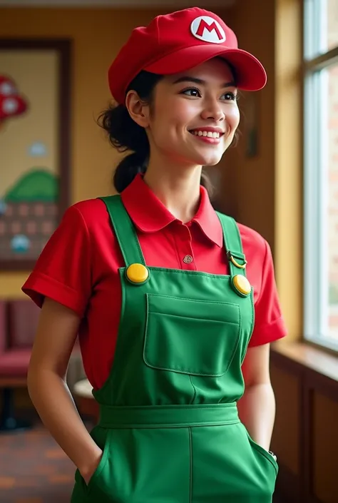 Uniform for employees of a Mario Bros. Gamer restaurant with the name of "mushroom kingdom"