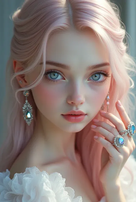 Can you make me a picture of a character?, She is a girl with pale pink hair and ice blue eyes., Her skin is pale white, She wears rings with precious stones on each finger and her ears have earrings adorned with precious stones in white gold.