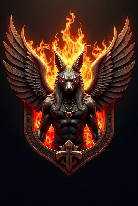 ((best qualityer)), ((work of art)), (detailded), create a gamer logo with the character egyptian god anubis, The logo must have a coat of arms with the character in front of the front bust, e o nome escrito ANUB☥S a letra i te que ser substituidada pela C...