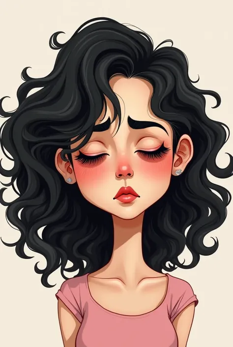 2 woman who is pretty , have black curly hair and the hair reaches a little below the shoulders , be cute and be a caricature but at the same time look tired and with many dark circles and be skinny not curvy
