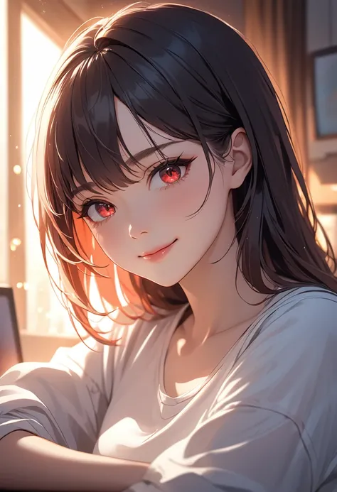 (masterpiece:1.5),(Beat quality),(high res),1girl solo,beautiful face,smile(shining eyes),upper body,light effects,A woman in plain clothes with red cheeks,room