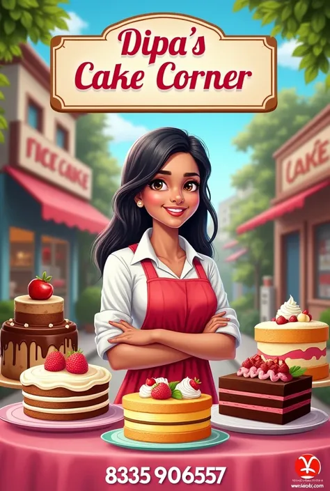 Make a poster of a cake shop name DIPAS CAKE CORNER where you will get all types of fresh cake and you contact in 8535906597 this number for order and owner is Dipa Saha