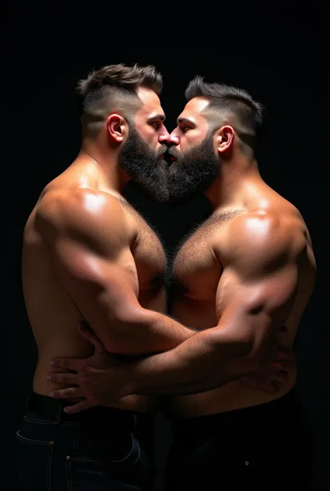 "8KUHD Very Realistic Very Detailed High Quality Create a professional studio-style photograph featuring two 4 men, burly, hairy, beared big daddy bear,  and very realistic detailed rugged man and his husband in boxers. beards, very realistic hair, very re...