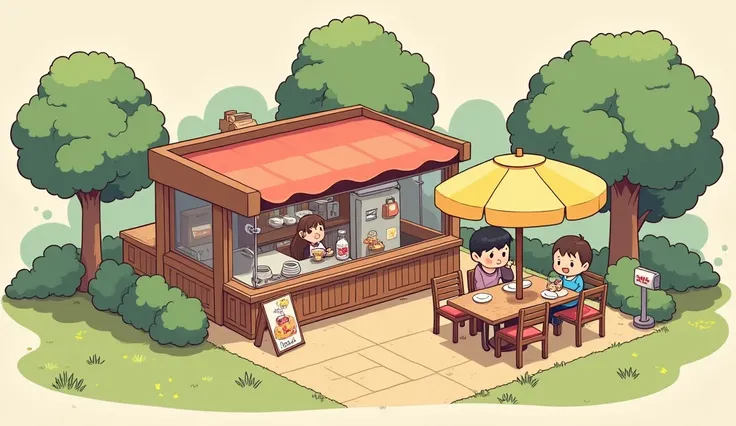 (masterpiece:1.2, Highest quality,Ultra-high resolution,Super detailed),8k,(wallpaper),(Best illustrations:2.0),(chibi restaurant : 2.0),(restaurant ,Very simple design),(isometric illustration) lofi, cozy, Studio ghibli style ,pastel tones, landscape