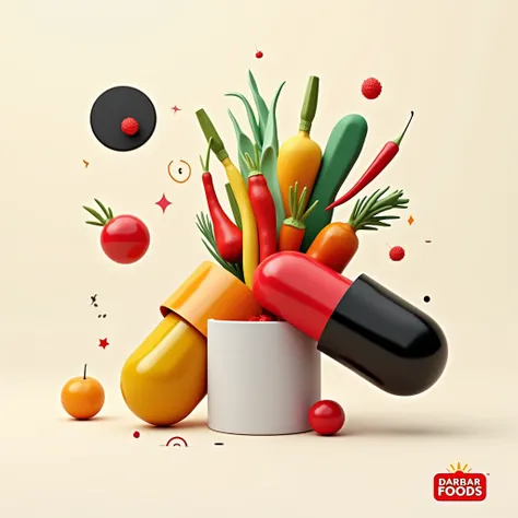 Design a minimalistic and creative Labor Day ad for Darbar Foods. The ad should feature photo of Creative 3D representation showcasing capsules combining various nutrients in a single burst vegetables spills out, symbolizing the beauty of a well-rounded an...