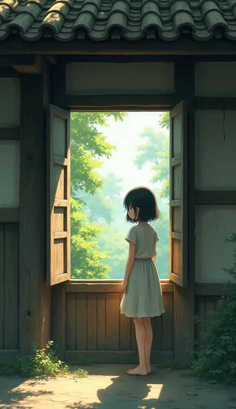 2D anime a wooden old style house a littlr girl looking forward through a  open window one sided angl oil painting style