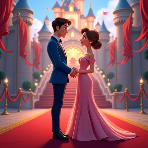 Create a disney couple animated avtar full body image where both are holding each others hand, wearing blue and pink luxury dress and standing on red carpet , in background the chair of a king with full castle background with flags. Make name visible and c...