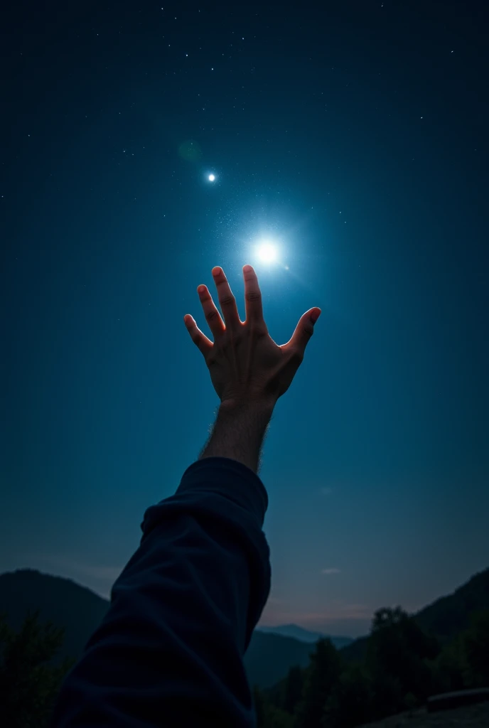 I want a photo like this at night looking at the stars and the moon, and the person taking the photo can see their hand touching the stars, It&#39;s like a photo taken from a phone, make it look real, The person is a man but the body should not be noticeab...