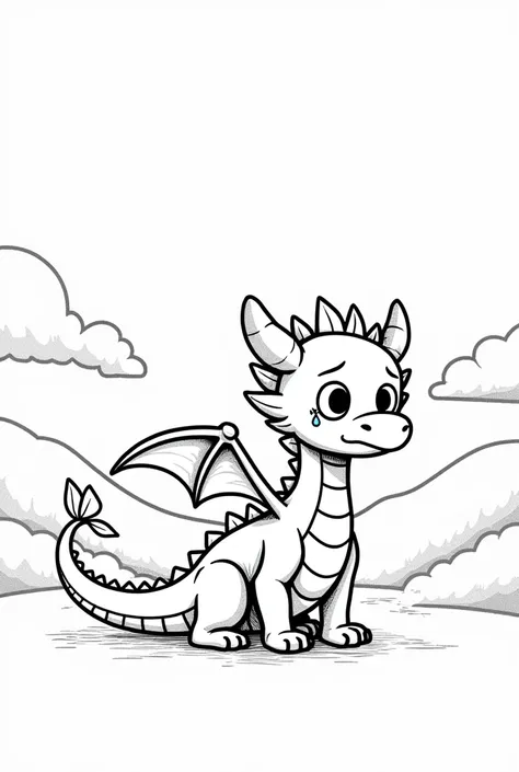 Simple drawing of a sad dragon for children who leaves home to color 