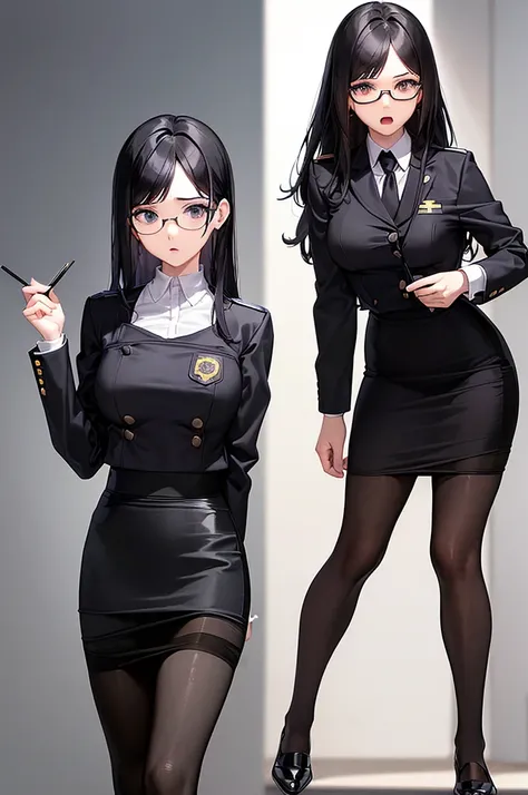 masterpiece, best quality,anime style, 1 girl,(((slender body))), (((small breast))),(((police officer uniform,pencil skirt,black pantyhose,glasses))), (beautiful face), (((medium hair))), (((straight hair))), ((((black hair)))),detailed beautiful skin, (p...