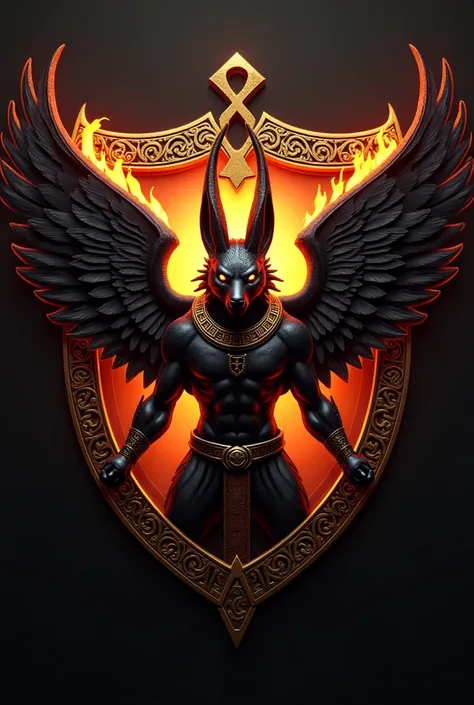 ((best qualityer)), ((work of art)), (detailded), create a gamer logo with the character egyptian god anubis, The logo must have a coat of arms with the character in front of the front bust, e o nome escrito ANUB☥S a letra i te que ser substituidada pela C...