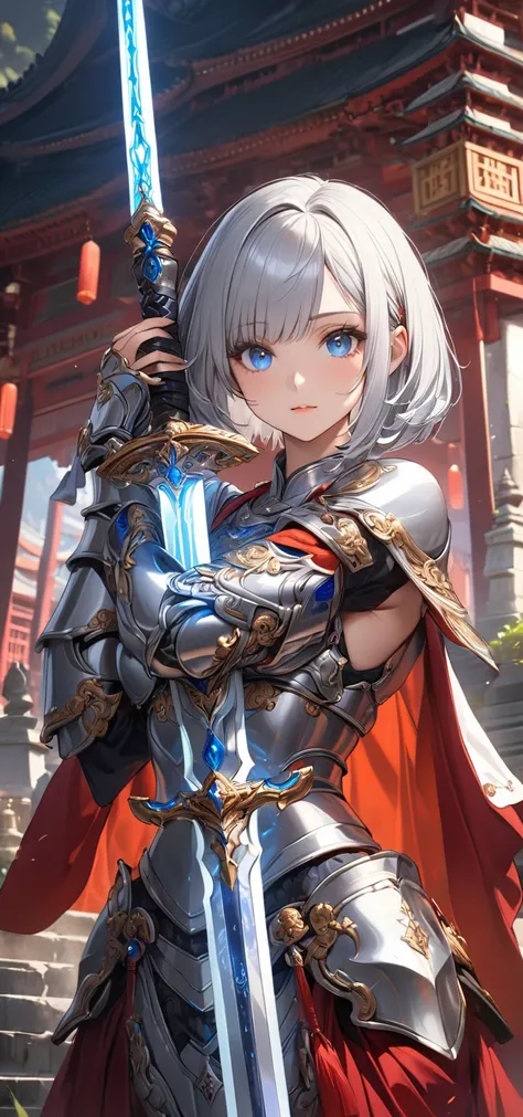 Ultra high resolution, rich colors, perfect image, best quality, detailed image, beautiful single woman, glowing skin, skin and clothing texture, delicate eyes, temple, silver armor, holy sword, lifted up, silver hair bob, blue eyes