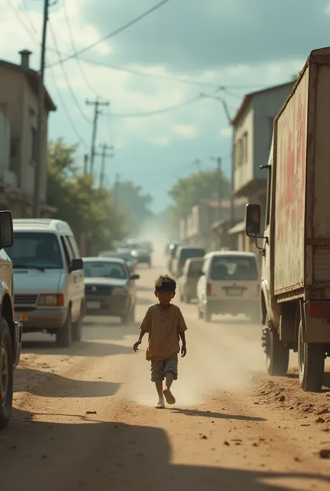 A poor kids boy is walking alone on the road, cars are also moving