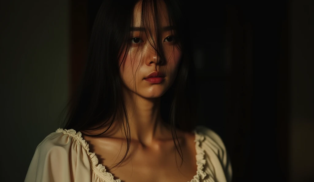 Cinematic. A profile photo of a young woman, focusing on the upper torso and head area. The woman has long, straight black hair that flows down, partially obscuring the face. The hair is depicted with detailed strands, some of which cover parts of the woma...