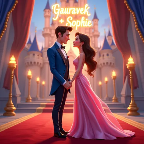 Create a disney couple animated avtar full body image where both are holding each others hand, wearing blue and pink luxury dress and standing on red carpet , in background the chair of a king with full castle background with flags. Make name visible and c...