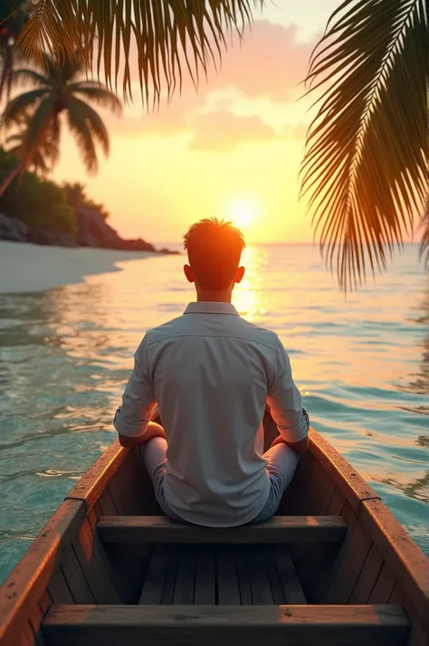 A young man in a white shirt rolled up at the sleeves, is on the beach sitting in a wooden boat watching the sunrise, all around there are palm trees and the waves of the sea move clamorously, its clear and resplendent blue in a cinematic setting.