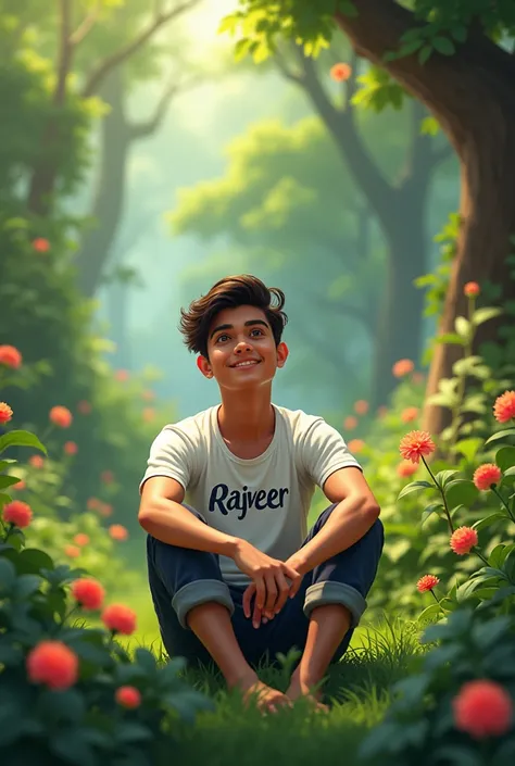 boy of age 16sitting in the garden on beautiful landscape name Rajveer on his t-shirt 