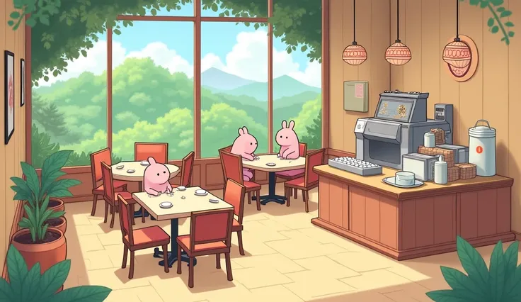 (masterpiece:1.2, Highest quality,Ultra-high resolution,Super detailed),8k,(wallpaper),(Best illustrations:2.0),(chibi restaurant : 2.0),(restaurant ,Very simple design),(isometric illustration) lofi, cozy, Studio ghibli style ,pastel tones, landscape