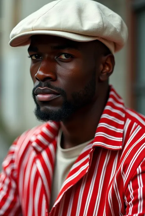 Black man in red and white striped clothing , with a white beret on his head to the side 