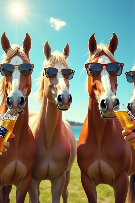 Horses with sun glasses drinking corona 