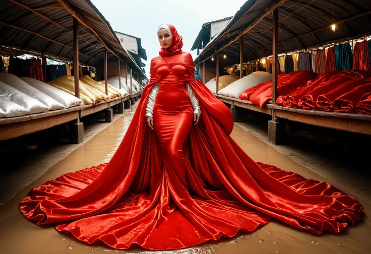 a woman shrouded in a 9-meter-long, plush red satin cloth, tightly bound and grandly draping along the form of her body, flowing...